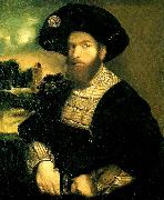 Dosso Dossi portratt av en man i svart barett oil painting reproduction